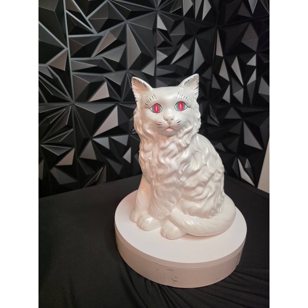 12in Vintage White Ceramic Persian Cat Figurine Pink Red Eyes Mid Century Style